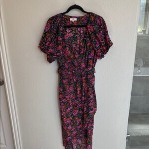 Entro Black and Pink Floral Midi Dress